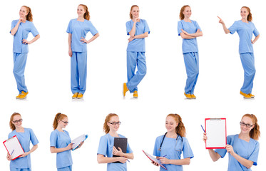 Pretty doctor  in blue uniform isolated on white