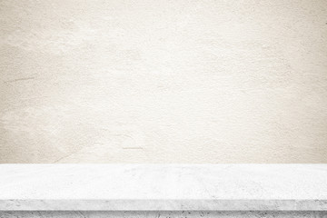 Fototapeta premium Empty white cement table over brown cement wall background, banner, table top, shelf, counter design for product display montage