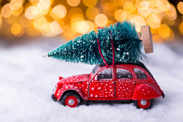 Oldtimer car is carrying a christmas tree through beautiful winter landscape