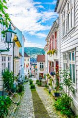 View of an old wooden house in the norwegian city Bergen. - obrazy, fototapety, plakaty