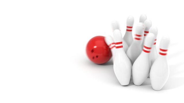 red bowling ball and pins. 3d illustration