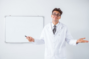 Funny doctor scientist making presentation in hospital