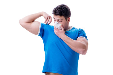 Man sweating excessively smelling bad isolated on white backgrou