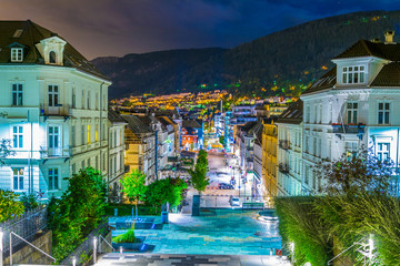 Night view of a street in the norwegian city Bergen.