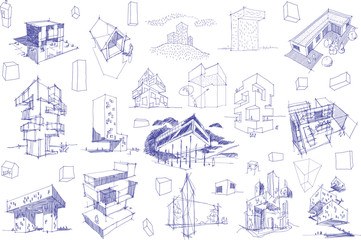 many hand drawn architectectural sketches of a modern abstract architecture nad geometric objects and urban ideas and drafts - obrazy, fototapety, plakaty