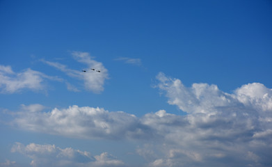  ３機のヘリコプターと青空と雲「空想・雲のモンスターたち」（約束の地に向かう、出迎える、進む、夢を切り開くなどのイメージ）