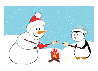 A snowman and a penguin roasting marshmallows. Cartoon characters with a snow background. A winter holidays concept.