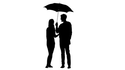 Guy opens the umbrella and talks to the girl. White background. Silhouette