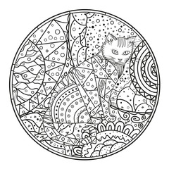 Cat. Mandala. Hand drawn animal with abstract patterns on isolation background. Design for spiritual relaxation for adults. Outline for t-shirts. Print for polygraphy, posters and textiles. Zen art