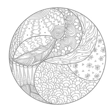 Mandala. Zentangle. Hand drawn circle zendala with abstract patterns on isolation background. Design for spiritual relaxation for adults. Line art creation. Printing on t-shirts, posters and other