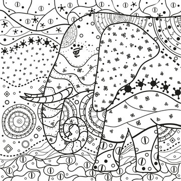 Mandala. Elephant. Hand drawn pattern on isolation background. Design for spiritual relaxation for adults. Line art creation. Black and white illustration for coloring.