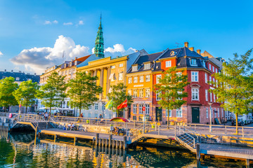 View of a channel next to the Christiansborg Slot Palace in Copenhagen, Denmark.