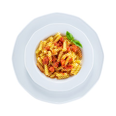 Pasta with vegetables over white, with path