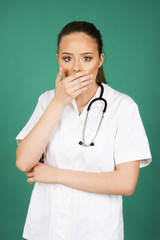 Female doctor body language concept, isolated on background with sthetoscope 