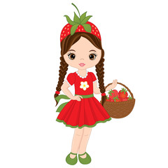 Vector Cute Little Girl with Basket of Strawberries