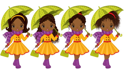 Vector Cute Little African American Girls with Umbrellas and Handbags