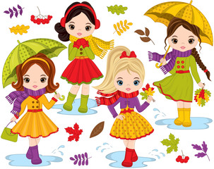 Obraz na płótnie Canvas Vector Set with Cute Little Girls and Autumn Elements