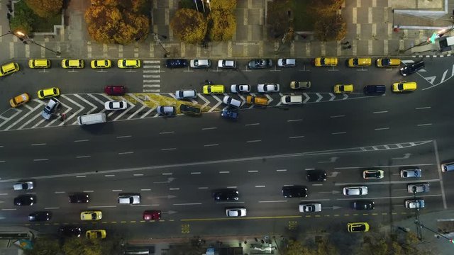 Aerial night view of cars and street traffic in the city downtown. Varna, Bulgaria
