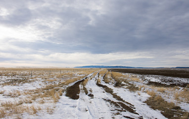 A snowy dirt road through a field with dried grass leading to distant mountains. Cloudy sky is above.
