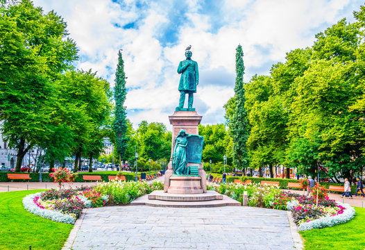 Statue of JL Runeberg, the national poet of Finland, at Esplanadi park avenue in Helsinki, Finland.