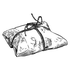 Paper wrapped soft gift box. Hand drawn realistic sketch. Present wrapping and packaging online shopping Valentine, black Friday or Birthday concept. Vector.