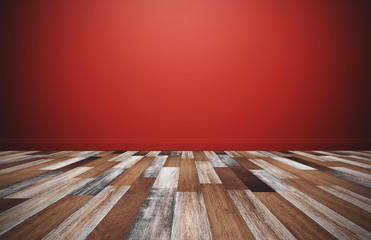 Wood floor with red wall, empty room for background