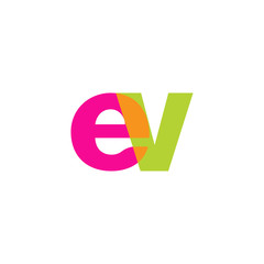 Initial letter ev, overlapping transparent lowercase logo, modern magenta orange green colors