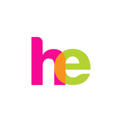 Initial letter he, overlapping transparent lowercase logo, modern magenta orange green colors