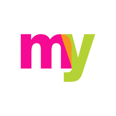 Initial letter my, overlapping transparent lowercase logo, modern magenta orange green colors