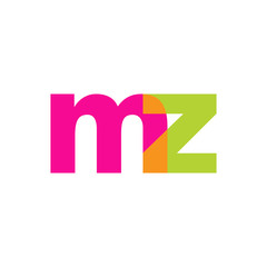 Initial letter mz, overlapping transparent lowercase logo, modern magenta orange green colors