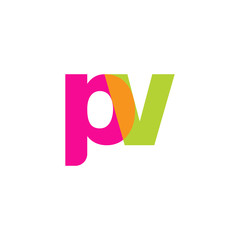 Initial letter pv, overlapping transparent lowercase logo, modern magenta orange green colors