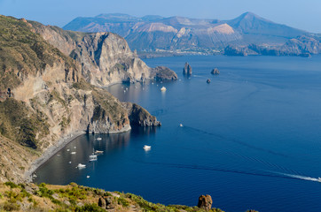 Stunning view of Vulcano island seen from Lipari, Aeolian islands, Sicily