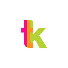 Initial letter tk, overlapping transparent lowercase logo, modern magenta orange green colors