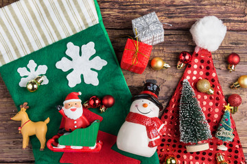 Christmas decorations on wooden background with copy space.Christmas day concept.