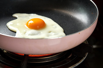 Fried egg on a Black pan