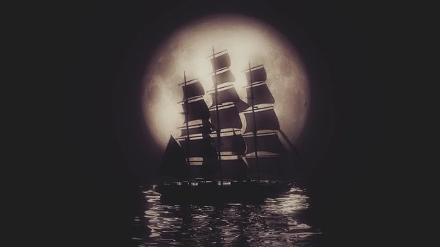 Highly stylized view of a Tall Ship illuminated by a full moon. 4K UHD. Rendered at 16-bit color depth.
