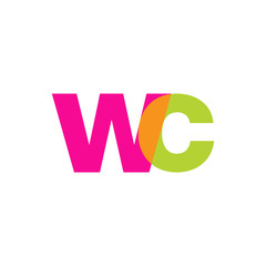 Initial letter wc, overlapping transparent lowercase logo, modern magenta orange green colors