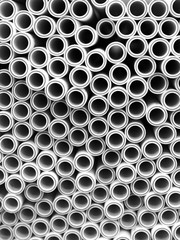 Plactic Plumbing connection fittings for plastic pipes. Orderly arranged in neat rows. Abstract industrial background.
