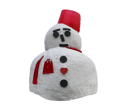 Christmas decoration -Real big snowman with red scarf and red hat isolated on white background with clipping path. 