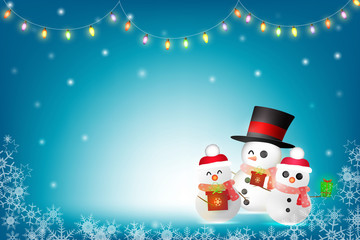 Merry Christmas and Happy New Year Greeting Card Background. Vector Design of snowman and decoration of winter and snow.  
