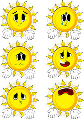 Cartoon sun showing something with both hands or expressing don't know gesture. Collection with sad faces. Expressions vector set.