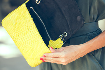 Closeup woman hands with luxury snakeskin python handbag outdoors. Bali island.