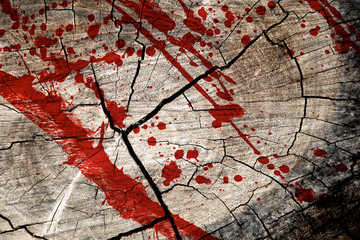 Murder in the forest. Blood splatter on tree stump wood background. Horror movie and killing scene. Conceptual of woodcutter. Top view. Close up.