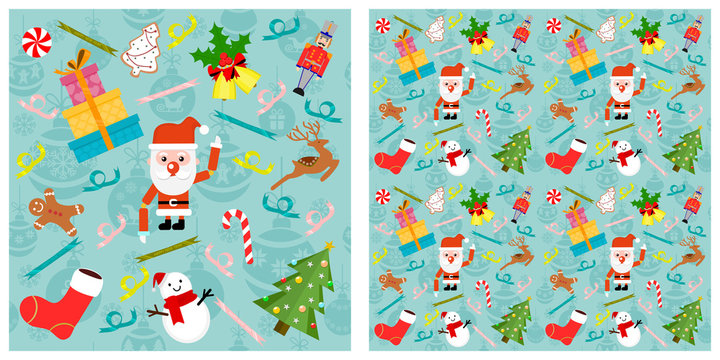 Christmas or new year elements seamless pattern. Single pattern is shown in the left. The example of assembly seamless is shown in the right.