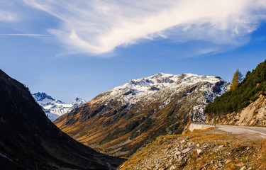 Landscape of the Swiss Alps and forest of national parc in Switzerland. Alps of Switzerland on autumn. Parc Naziunal Svizzer. Swiss canton of Graubunden.  Val Müstair Region