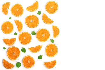 Slices of orange or tangerine with leaves isolated on white background with copy space for your text. Flat lay, top view