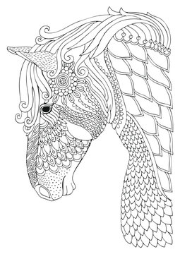 Horse. Hand drawn picture. Sketch for anti-stress adult coloring book in zen-tangle style. Vector illustration for coloring page.