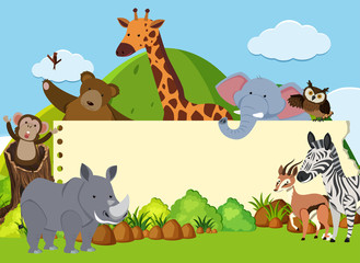 Obraz na płótnie Canvas Border template with wild animals in the field