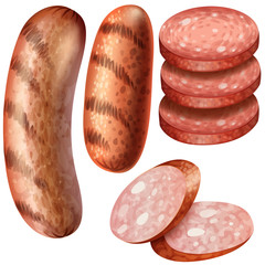 Grilled sausages on white background