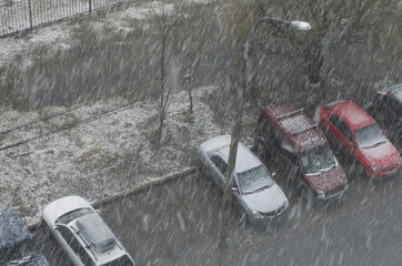 City cars parked on the domestic parking during the begun heavy snowfall